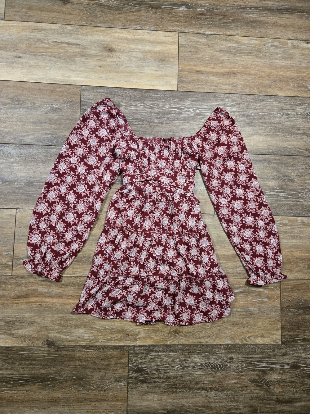 Altar'd State Burgundy and White Floral Puff-Sleeve Dress